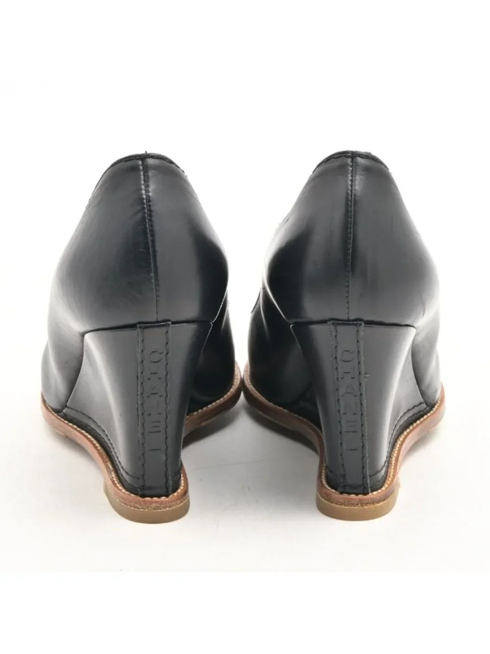 Chanel Pumps Black Wedge Sole Leather Heels